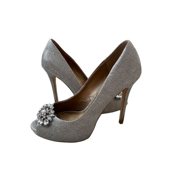 BADGLEY MISCHKA Belle Silver Jeweled Peeptoe Heels Size 7.5 - Picture 1 of 4
